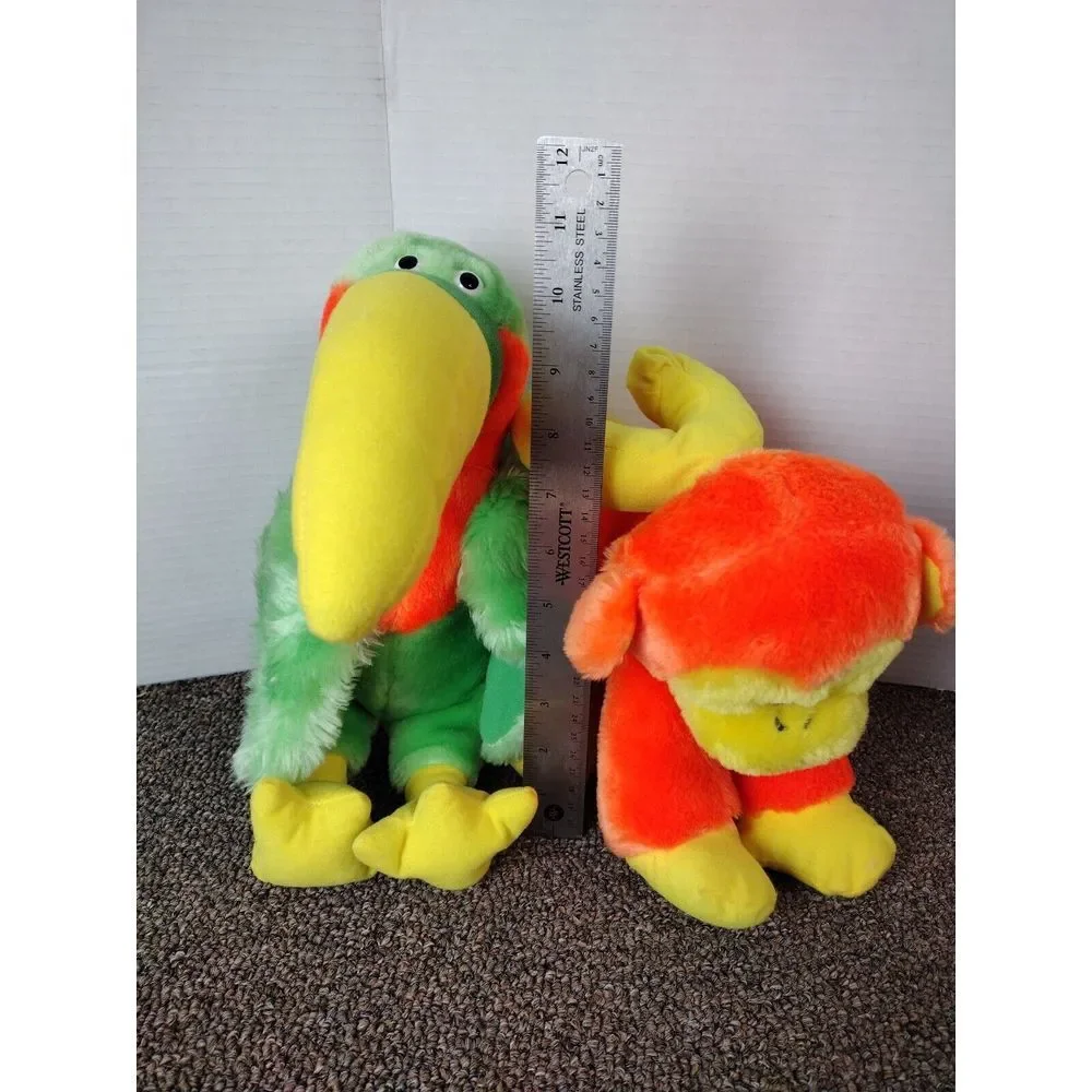 2- Dole Bananimals Orange Banachimp Plush & Green Tucan Vintage 80s Stuffed Toy